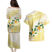 Gold And White Polynesia Plumeria Couples Matching Puletasi and Hawaiian Shirt Curves Tropical Vibes