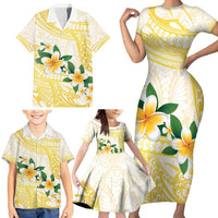 Gold And White Polynesia Plumeria Family Matching Short Sleeve Bodycon Dress and Hawaiian Shirt Curves Tropical Vibes LT14 - Polynesian Pride