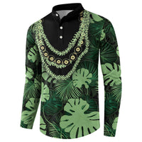 Green Hawaii Kukui Nut Lei Button Sweatshirt Hawaiian Pattern Monstera Tropical Vibes - Polynesian Pride