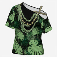 Green Hawaii Kukui Nut Lei Cross Shoulder Shirt Hawaiian Pattern Monstera Tropical Vibes - Polynesian Pride