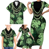Green Hawaii Kukui Nut Lei Family Matching Short Sleeve Bodycon Dress and Hawaiian Shirt Hawaiian Pattern Monstera Tropical Vibes LT14 - Polynesian Pride