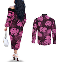 Pink Hawaii Kukui Nut Lei Couples Matching Off The Shoulder Long Sleeve Dress and Long Sleeve Button Shirt Hawaiian Pattern Monstera Tropical Vibes - Polynesian Pride