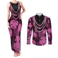 Pink Hawaii Kukui Nut Lei Couples Matching Tank Maxi Dress and Long Sleeve Button Shirt Hawaiian Pattern Monstera Tropical Vibes LT14 Pink - Polynesian Pride