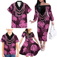 Pink Hawaii Kukui Nut Lei Family Matching Off The Shoulder Long Sleeve Dress and Hawaiian Shirt Hawaiian Pattern Monstera Tropical Vibes LT14 - Polynesian Pride