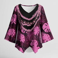 Pink Hawaii Kukui Nut Lei Kimono Sleeve Blouse Hawaiian Pattern Monstera Tropical Vibes - Polynesian Pride