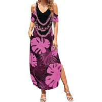 Pink Hawaii Kukui Nut Lei Summer Maxi Dress Hawaiian Pattern Monstera Tropical Vibes - Polynesian Pride