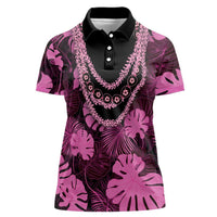 Pink Hawaii Kukui Nut Lei Women Polo Shirt Hawaiian Pattern Monstera Tropical Vibes - Polynesian Pride