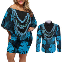 Blue Hawaii Kukui Nut Lei Couples Matching Off Shoulder Short Dress and Long Sleeve Button Shirt Hawaiian Pattern Monstera Tropical Vibes - Polynesian Pride