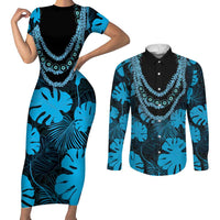 Blue Hawaii Kukui Nut Lei Couples Matching Short Sleeve Bodycon Dress and Long Sleeve Button Shirt Hawaiian Pattern Monstera Tropical Vibes - Polynesian Pride