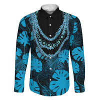 Blue Hawaii Kukui Nut Lei Family Matching Off The Shoulder Long Sleeve Dress and Hawaiian Shirt Hawaiian Pattern Monstera Tropical Vibes LT14 Dad's Shirt - Long Sleeve Blue - Polynesian Pride