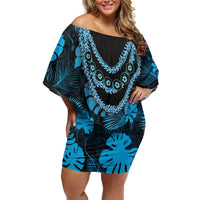 Blue Hawaii Kukui Nut Lei Family Matching Off Shoulder Short Dress and Hawaiian Shirt Hawaiian Pattern Monstera Tropical Vibes - Polynesian Pride
