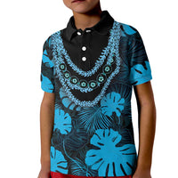 Blue Hawaii Kukui Nut Lei Kid Polo Shirt Hawaiian Pattern Monstera Tropical Vibes - Polynesian Pride