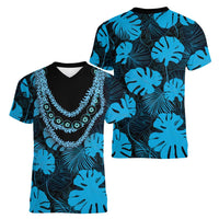 Blue Hawaii Kukui Nut Lei Women V-Neck T-Shirt Hawaiian Pattern Monstera Tropical Vibes - Polynesian Pride