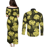 Yellow Hawaii Kukui Nut Lei Couples Matching Puletasi and Long Sleeve Button Shirt Hawaiian Pattern Monstera Tropical Vibes - Polynesian Pride