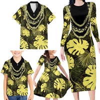 Yellow Hawaii Kukui Nut Lei Family Matching Long Sleeve Bodycon Dress and Hawaiian Shirt Hawaiian Pattern Monstera Tropical Vibes LT14 - Polynesian Pride