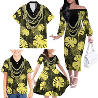 Yellow Hawaii Kukui Nut Lei Family Matching Off The Shoulder Long Sleeve Dress and Hawaiian Shirt Hawaiian Pattern Monstera Tropical Vibes LT14 - Polynesian Pride