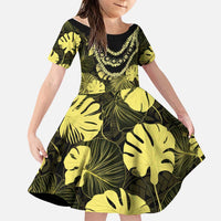 Yellow Hawaii Kukui Nut Lei Family Matching Off Shoulder Short Dress and Hawaiian Shirt Hawaiian Pattern Monstera Tropical Vibes LT14 Daughter's Dress Yellow - Polynesian Pride
