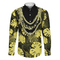 Yellow Hawaii Kukui Nut Lei Family Matching Off Shoulder Short Dress and Hawaiian Shirt Hawaiian Pattern Monstera Tropical Vibes LT14 Dad's Shirt - Long Sleeve Yellow - Polynesian Pride
