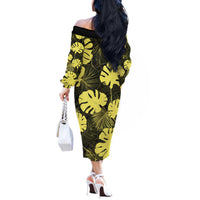 Yellow Hawaii Kukui Nut Lei Off The Shoulder Long Sleeve Dress Hawaiian Pattern Monstera Tropical Vibes LT14 - Polynesian Pride