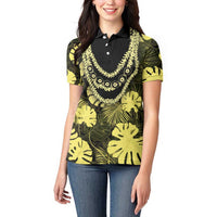 Yellow Hawaii Kukui Nut Lei Women Polo Shirt Hawaiian Pattern Monstera Tropical Vibes - Polynesian Pride