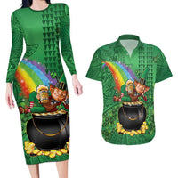 Hawaii Saint Patrick's Day Couples Matching Long Sleeve Bodycon Dress and Hawaiian Shirt Funny Leprechaun With Pot Of Gold - Polynesian Tattoo LT14 Green - Polynesian Pride