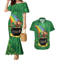 Hawaii Saint Patrick's Day Couples Matching Mermaid Dress and Hawaiian Shirt Funny Leprechaun With Pot Of Gold - Polynesian Tattoo LT14 Green - Polynesian Pride