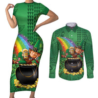 Hawaii Saint Patrick's Day Couples Matching Short Sleeve Bodycon Dress and Long Sleeve Button Shirt Funny Leprechaun With Pot Of Gold - Polynesian Tattoo LT14 Green - Polynesian Pride