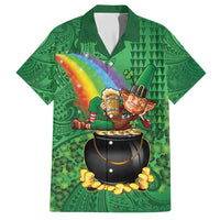 Hawaii Saint Patrick's Day Family Matching Summer Maxi Dress and Hawaiian Shirt Funny Leprechaun With Pot Of Gold - Polynesian Tattoo LT14 Dad's Shirt - Short Sleeve Green - Polynesian Pride