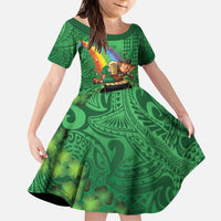 Hawaii Saint Patrick's Day Kid Short Sleeve Dress Funny Leprechaun With Pot Of Gold - Polynesian Tattoo LT14 KID Green - Polynesian Pride