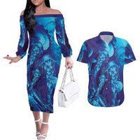 Purple Paradise Polynesia Jellyfish Couples Matching Off The Shoulder Long Sleeve Dress and Hawaiian Shirt Plumeria Polynesian Tattoo Glowing Vibes LT14 Purple - Polynesian Pride