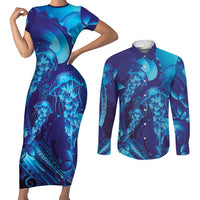 Purple Paradise Polynesia Jellyfish Couples Matching Short Sleeve Bodycon Dress and Long Sleeve Button Shirt Plumeria Polynesian Tattoo Glowing Vibes LT14 Purple - Polynesian Pride