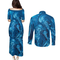 Blue Gradient Polynesia Jellyfish Couples Matching Puletasi and Long Sleeve Button Shirt Plumeria Polynesian Tattoo Glowing Vibes