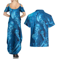 Blue Gradient Polynesia Jellyfish Couples Matching Summer Maxi Dress and Hawaiian Shirt Plumeria Polynesian Tattoo Glowing Vibes