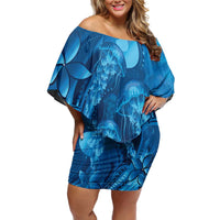 Blue Gradient Polynesia Jellyfish Family Matching Off Shoulder Short Dress and Hawaiian Shirt Plumeria Polynesian Tattoo Glowing Vibes