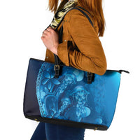 Blue Gradient Polynesia Jellyfish Leather Tote Bag Plumeria Polynesian Tattoo Glowing Vibes
