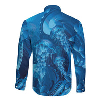 Blue Gradient Polynesia Jellyfish Long Sleeve Button Shirt Plumeria Polynesian Tattoo Glowing Vibes