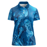 Blue Gradient Polynesia Jellyfish Women Polo Shirt Plumeria Polynesian Tattoo Glowing Vibes