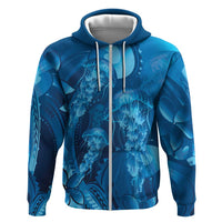 Blue Gradient Polynesia Jellyfish Zip Hoodie Plumeria Polynesian Tattoo Glowing Vibes
