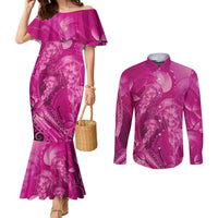 Pink Gradient Polynesia Jellyfish Couples Matching Mermaid Dress and Long Sleeve Button Shirt Plumeria Polynesian Tattoo Glowing Vibes