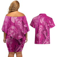 Pink Gradient Polynesia Jellyfish Couples Matching Off Shoulder Short Dress and Hawaiian Shirt Plumeria Polynesian Tattoo Glowing Vibes