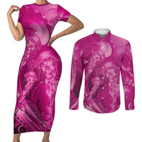 Pink Gradient Polynesia Jellyfish Couples Matching Short Sleeve Bodycon Dress and Long Sleeve Button Shirt Plumeria Polynesian Tattoo Glowing Vibes