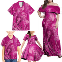 Pink Gradient Polynesia Jellyfish Family Matching Off Shoulder Maxi Dress and Hawaiian Shirt Plumeria Polynesian Tattoo Glowing Vibes LT14 - Polynesian Pride