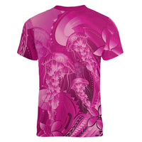 Pink Gradient Polynesia Jellyfish Women V-Neck T-Shirt Plumeria Polynesian Tattoo Glowing Vibes