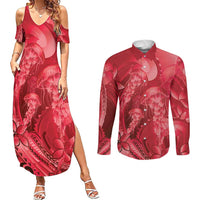 Red Gradient Polynesia Jellyfish Couples Matching Summer Maxi Dress and Long Sleeve Button Shirt Plumeria Polynesian Tattoo Glowing Vibes