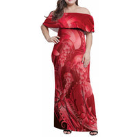 Red Gradient Polynesia Jellyfish Family Matching Off Shoulder Maxi Dress and Hawaiian Shirt Plumeria Polynesian Tattoo Glowing Vibes