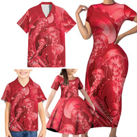Red Gradient Polynesia Jellyfish Family Matching Short Sleeve Bodycon Dress and Hawaiian Shirt Plumeria Polynesian Tattoo Glowing Vibes LT14 - Polynesian Pride