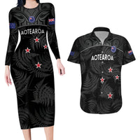 Custom New Zealand Silver Fern Football Couples Matching Long Sleeve Bodycon Dress and Hawaiian Shirt Summer 2024 Olympic Go Aotearoa LT14 Black - Polynesian Pride