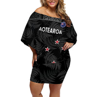 Custom New Zealand Silver Fern Football Family Matching Off Shoulder Short Dress and Hawaiian Shirt Summer 2024 Olympic Go Aotearoa LT14 Mom's Dress Black - Polynesian Pride