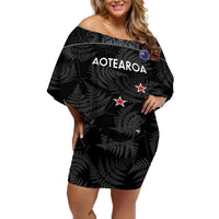 Custom New Zealand Silver Fern Football Off Shoulder Short Dress Summer 2024 Olympic Go Aotearoa LT14 Women Black - Polynesian Pride