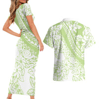 Polynesian Tiare Flower Sage Green Pastel Couples Matching Short Sleeve Bodycon Dress and Hawaiian Shirt
